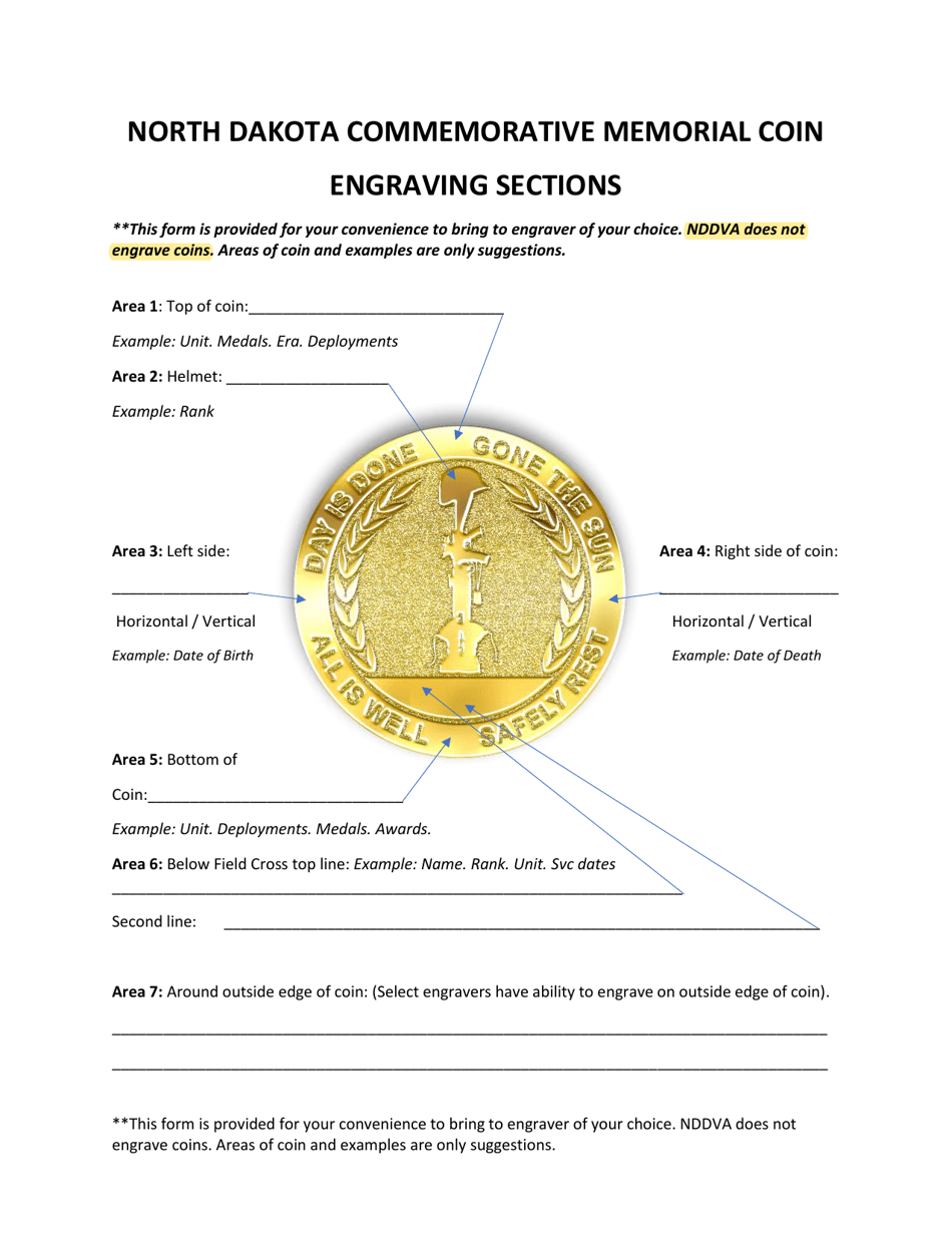 North Dakota Commemorative Memorial Coin Engraving Form - North Dakota, Page 1