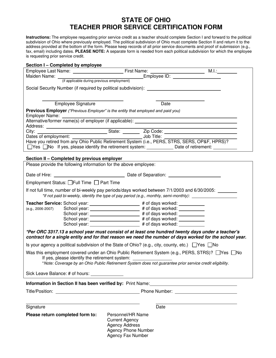 Teacher Prior Service Certification Form - Ohio, Page 1