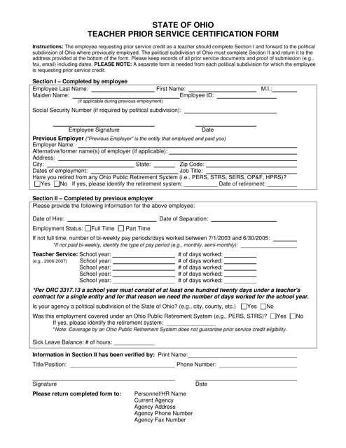 Teacher Prior Service Certification Form - Ohio Download Pdf