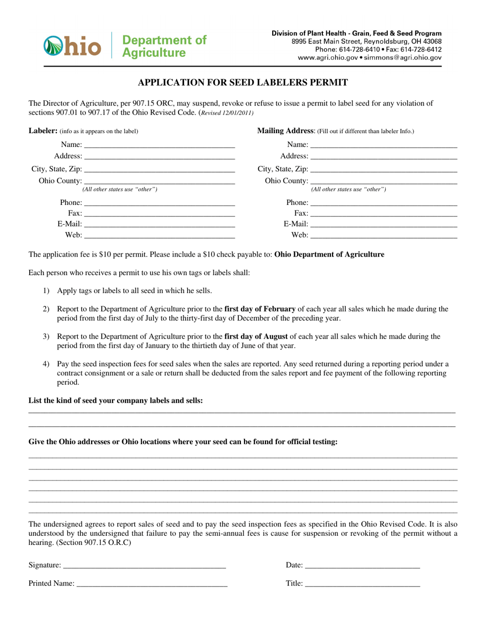 Application for Seed Labelers Permit - Ohio, Page 1