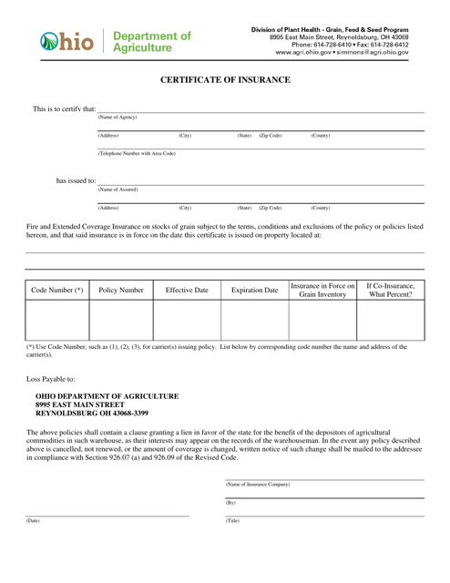 Certificate of Commodity Insurance Form - Ohio