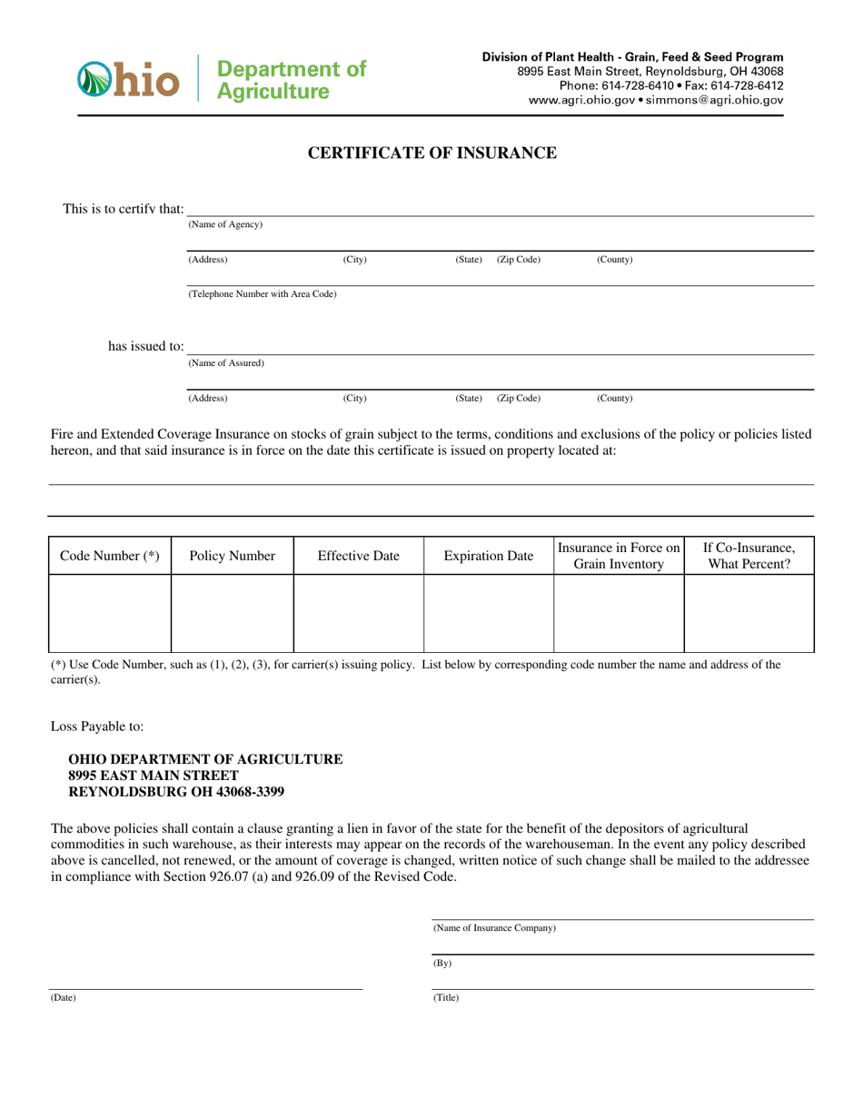 Certificate of Commodity Insurance Form - Ohio, Page 1