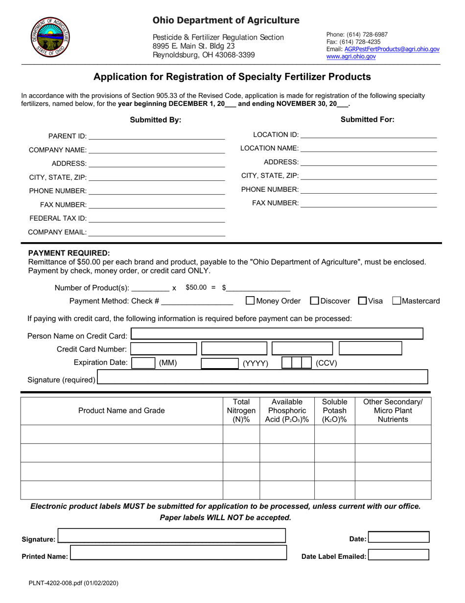 Form PLNT-4202-008 Application for Registration of Specialty Fertilizer Products - Ohio, Page 1