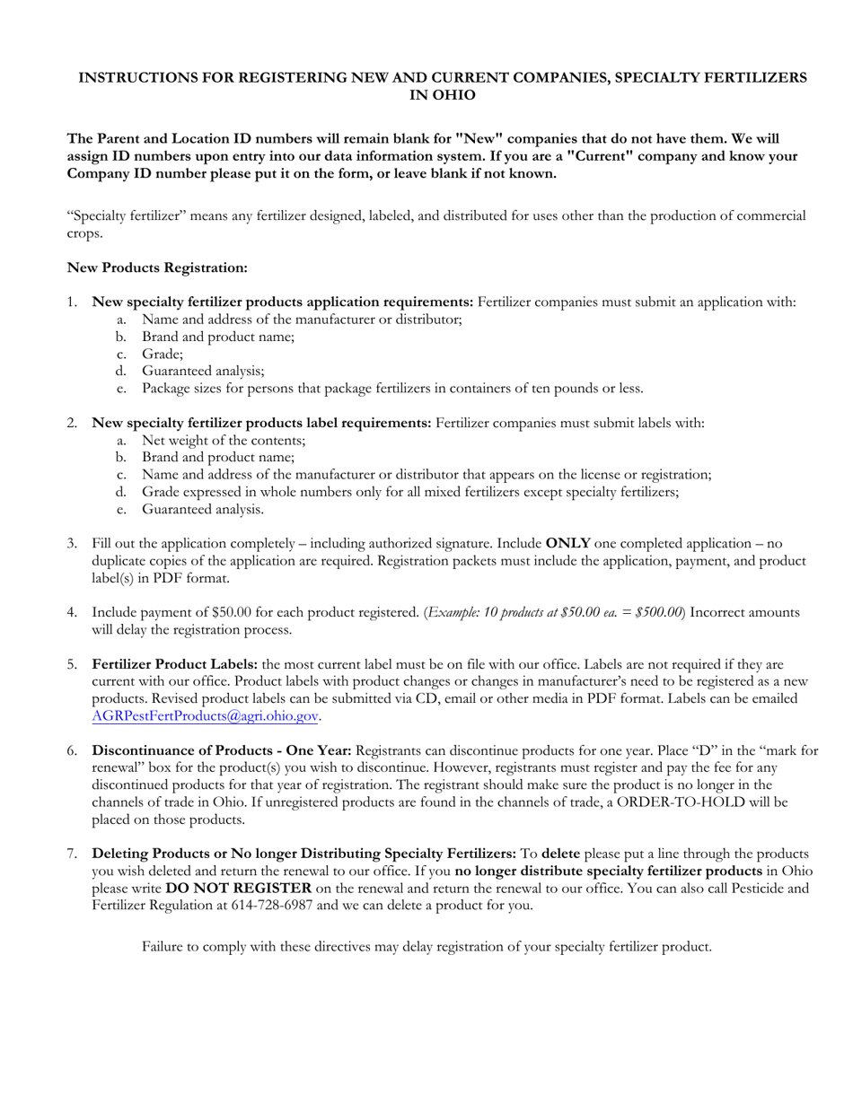 Form PLNT-4202-008 Application for Registration of Specialty Fertilizer Products - Ohio, Page 2