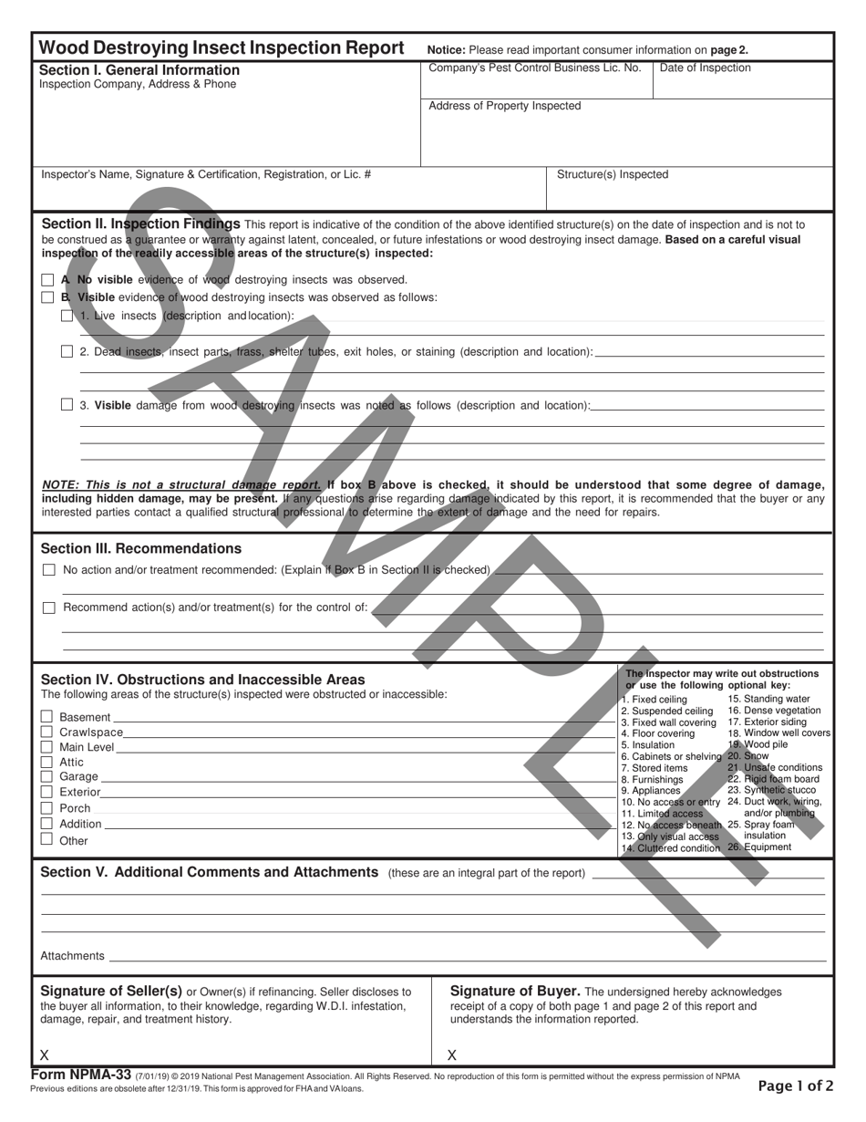 Form NPMA-33 Wood Destroying Insect Inspection Report, Page 1