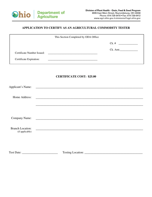 Application to Certify as an Agricultural Commodity Tester - Ohio
