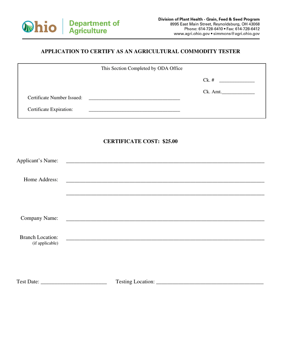 Application to Certify as an Agricultural Commodity Tester - Ohio, Page 1