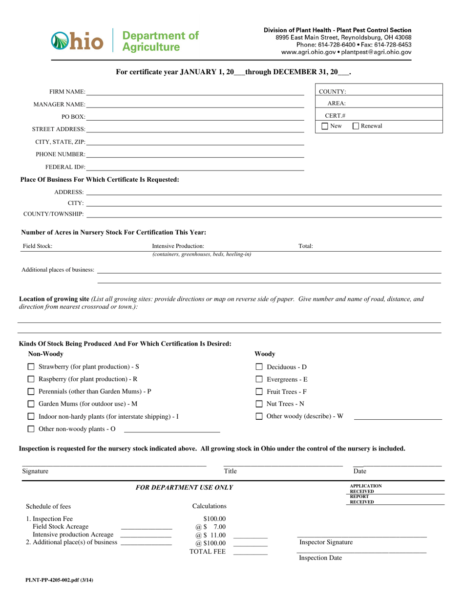 Form PLNT-PP-4205-002 Application for Nursery Inspection - Ohio, Page 1