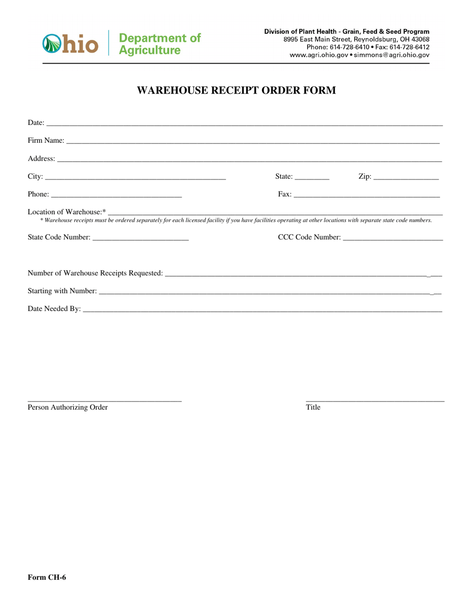 Form CH6 Download Fillable PDF or Fill Online Warehouse Receipt Order