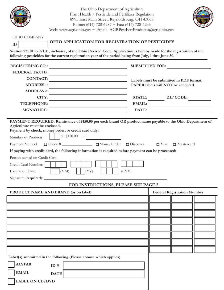 Ohio Ohio Application for Registration of Pesticides Fill Out, Sign