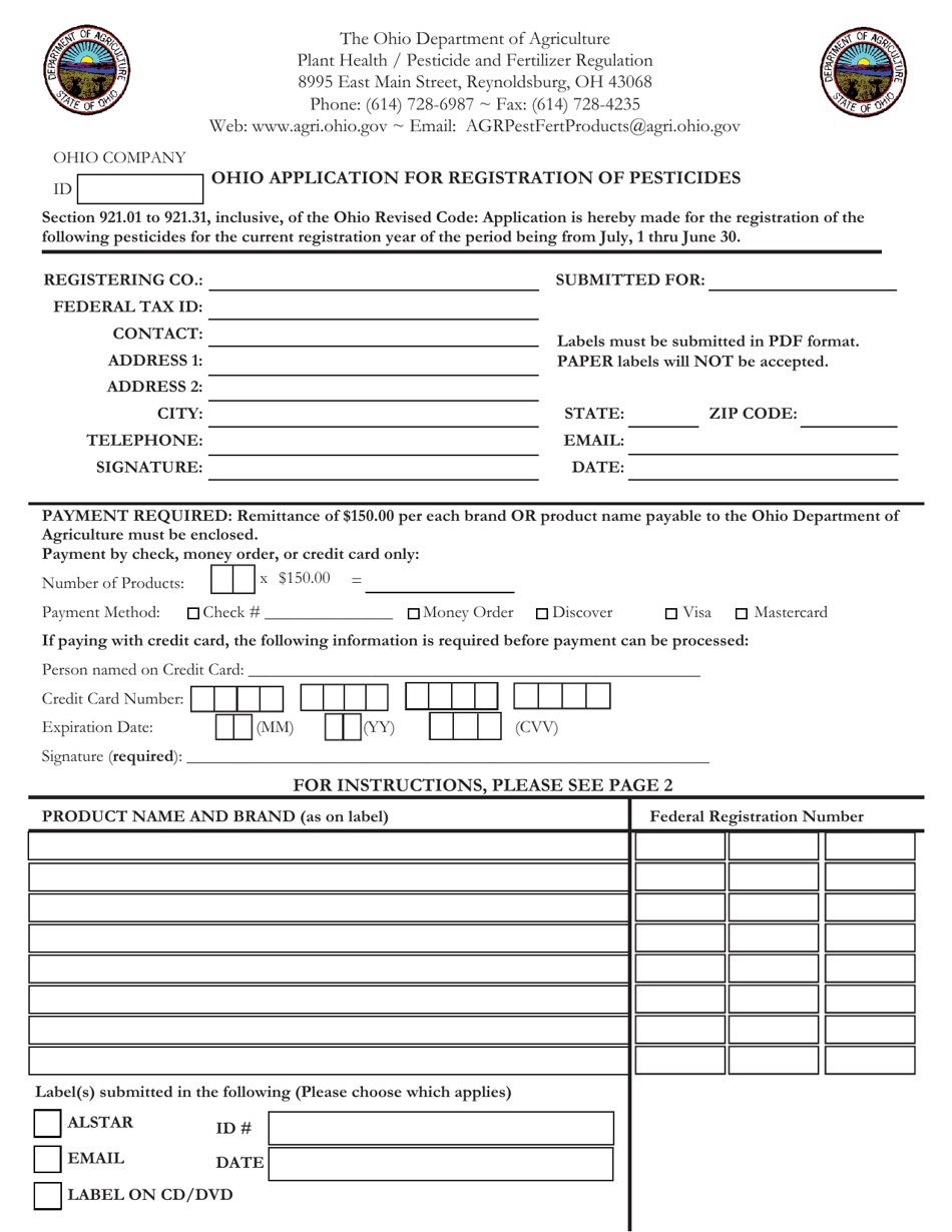 Ohio Application for Registration of Pesticides - Ohio, Page 1