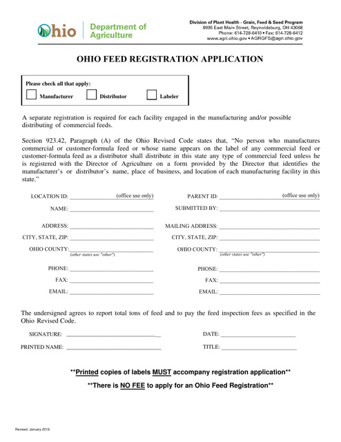 Ohio Feed Registration Application - Ohio Download Pdf