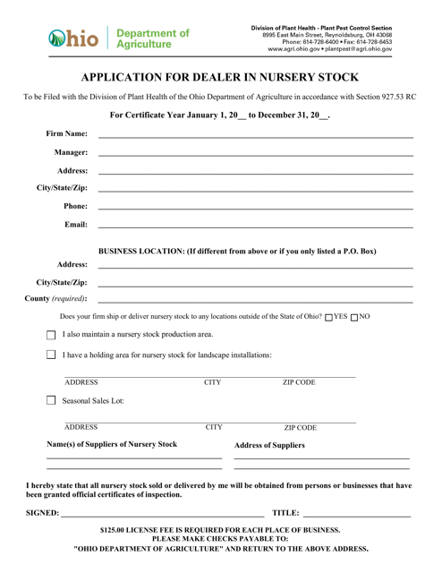 Application for Dealer in Nursery Stock - Ohio