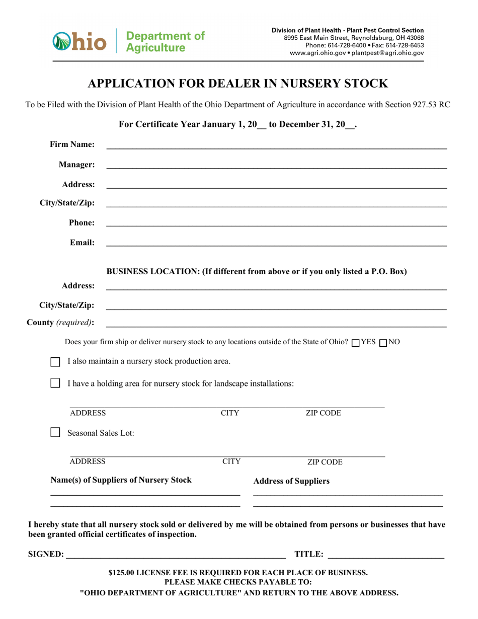 Application for Dealer in Nursery Stock - Ohio, Page 1