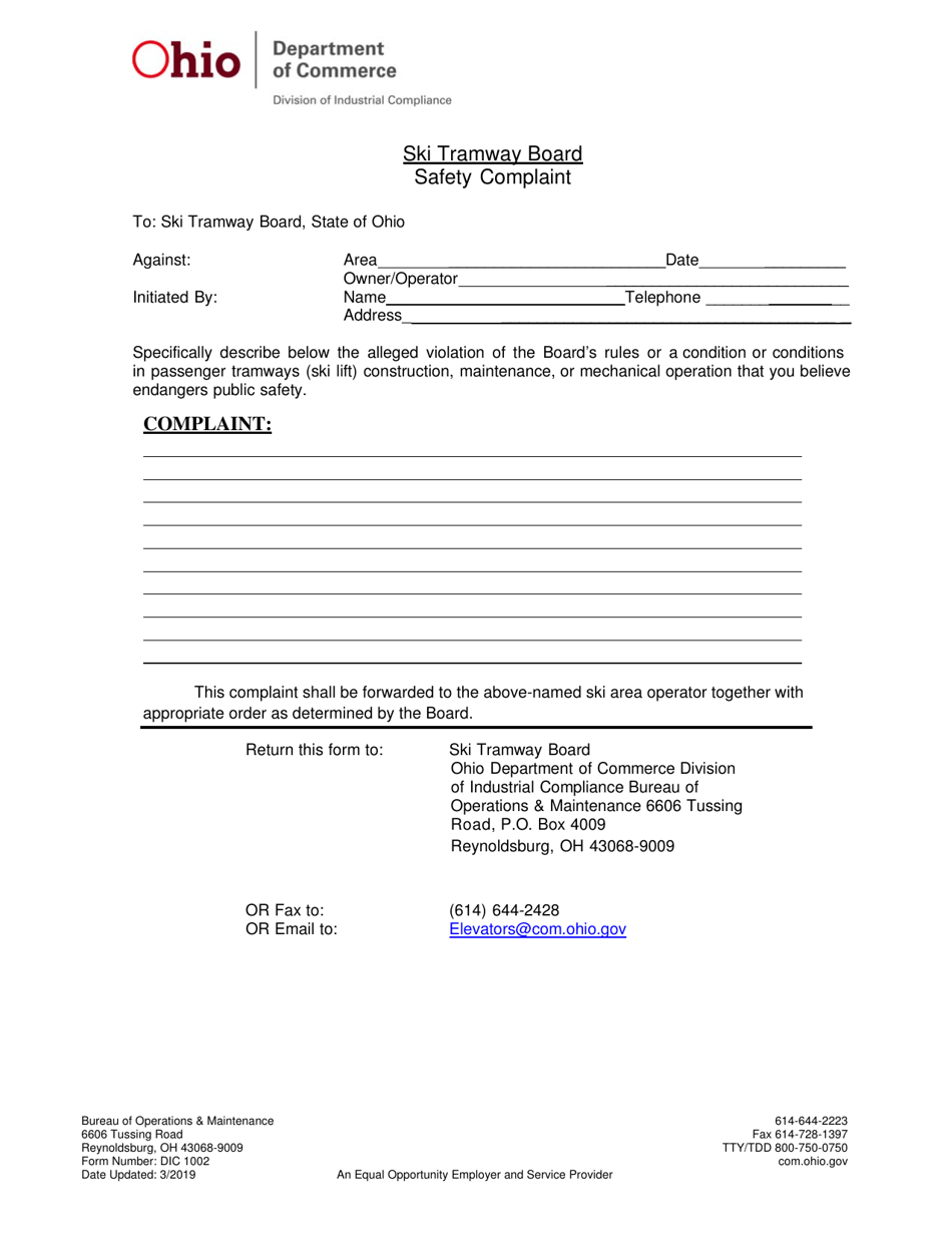Form DIC1002 Safety Complaint Form - Ohio, Page 1