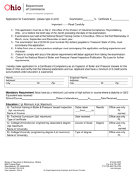 Form DIC4316 &quot;Application for Boiler Inspector Exam&quot; - Ohio