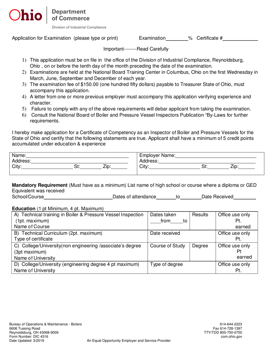 Form DIC4316 Application for Boiler Inspector Exam - Ohio, Page 1