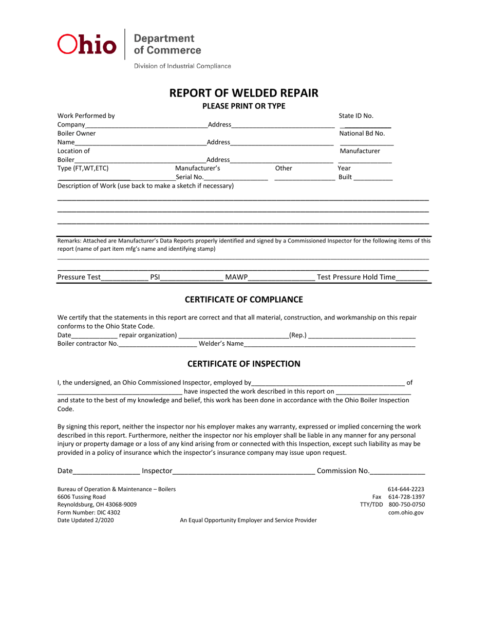 Form DIC4302 Report of Welded Repair - Ohio, Page 1