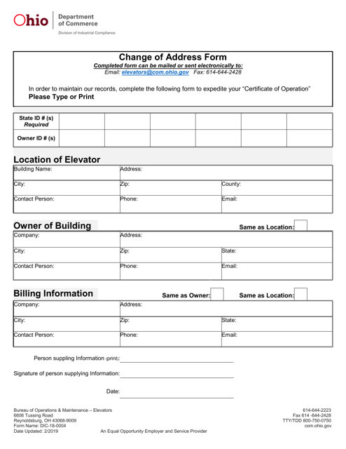 Form DIC-18-0004 Change of Address Form - Ohio