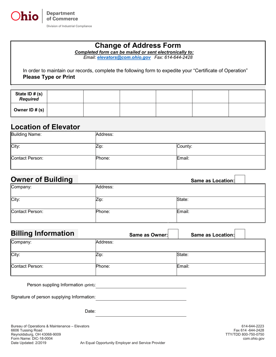 Form DIC-18-0004 Change of Address Form - Ohio, Page 1