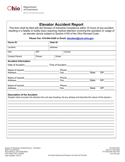 Form DIC-18-0005 Elevator Accident Report - Ohio