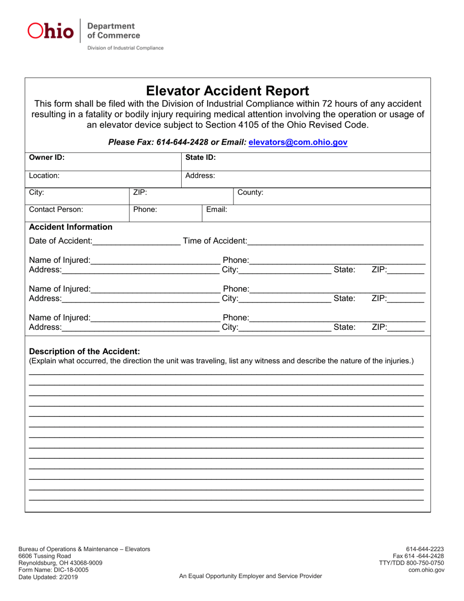 Form DIC-18-0005 Elevator Accident Report - Ohio, Page 1