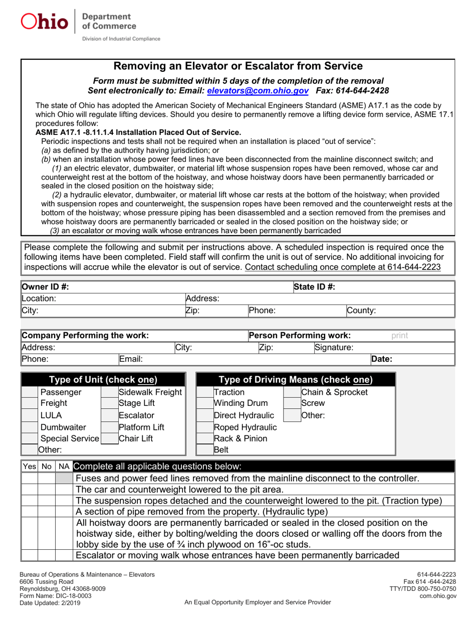 Form DIC-18-0003 Properly Removing an Elevator or Escalator From Service - Ohio, Page 1