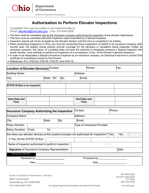 Form DIC-4334 Authorization to Perform Elevator Inspections - Ohio