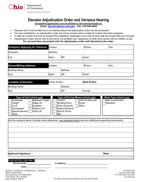 Form DIC-18-0009 Elevator Adjudication Order and Variance Hearing - Ohio