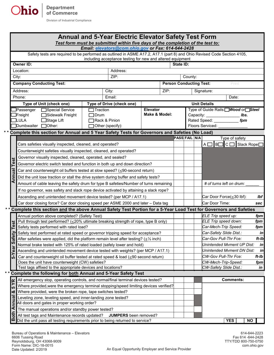Form DIC-18-0015 Annual and 5-year Electric Elevator Safety Test Form - Ohio, Page 1