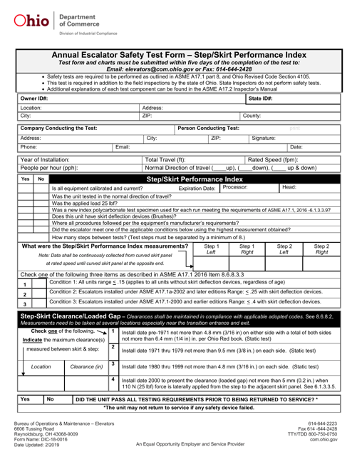 Form DIC-18-0016 Annual Escalator Safety Test Form - Step/Skirt Performance Index - Ohio