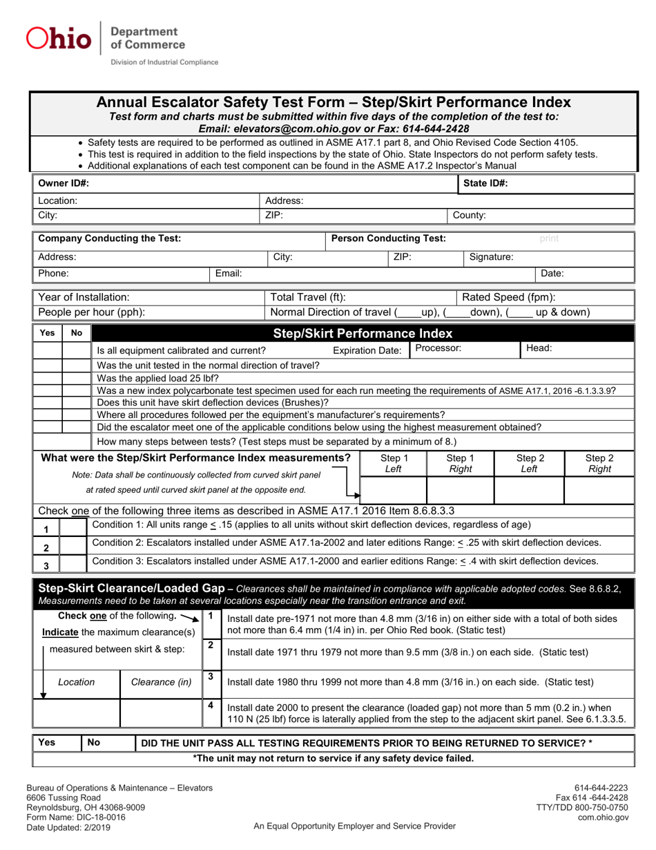 Form DIC-18-0016 Annual Escalator Safety Test Form - Step / Skirt Performance Index - Ohio, Page 1