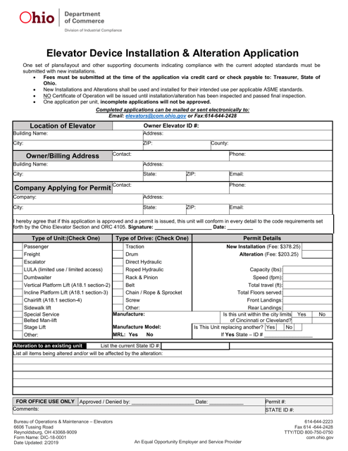 Form DIC-18-0001 Elevator Device Installation & Alteration Application - Ohio