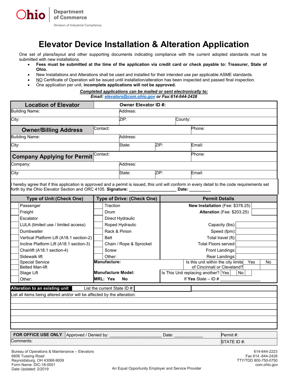 Form DIC-18-0001 Elevator Device Installation  Alteration Application - Ohio, Page 1