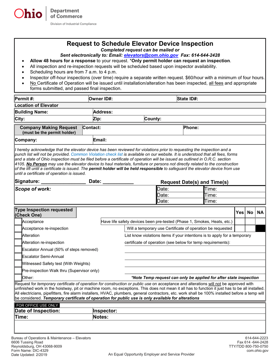 Form DIC-4329 Request to Schedule Elevator Device Inspection - Ohio, Page 1