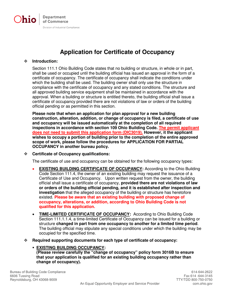 Form DIC3019 Application for Certificate of Occupancy - Ohio, Page 1