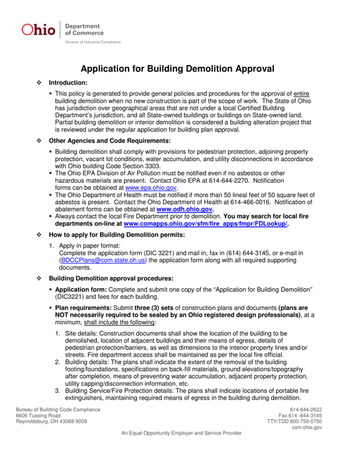 Form DIC3221 Application for Building Demolition Approval - Ohio