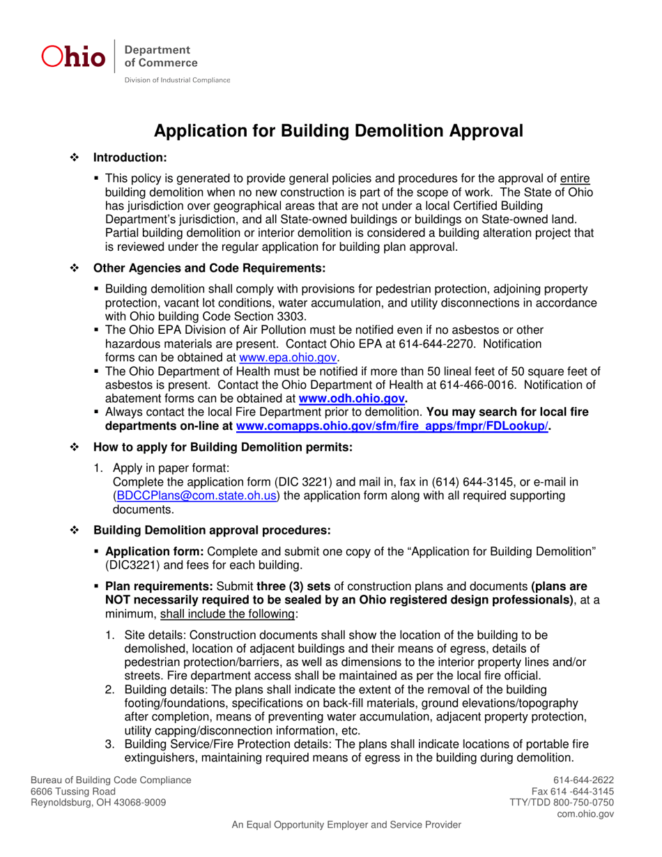 Form DIC3221 Application for Building Demolition Approval - Ohio, Page 1