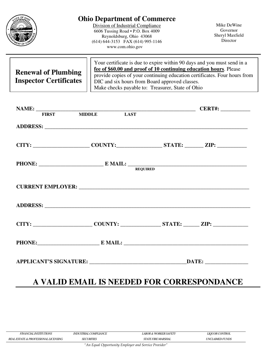 Ohio Renewal of Plumbing Inspector Certificates - Fill Out, Sign Online ...