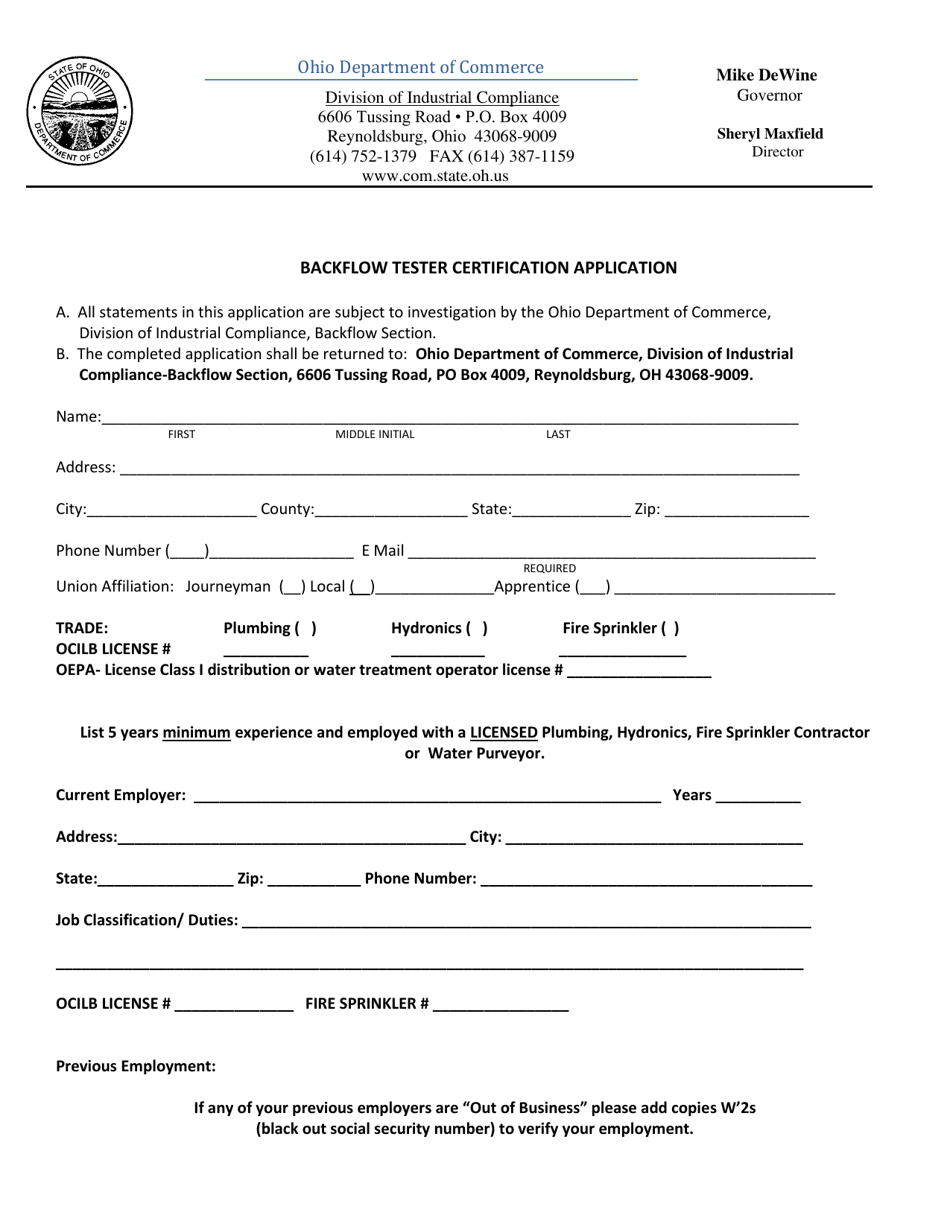 Backflow Tester Certification Application - Ohio, Page 1