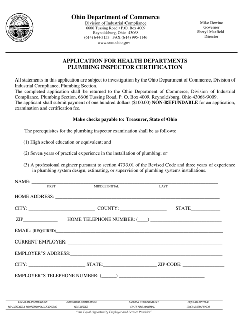 Application for Health Departments Plumbing Inspector Certification - Ohio Download Pdf
