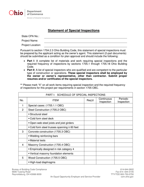 Statement of Special Inspections - Ohio Download Pdf