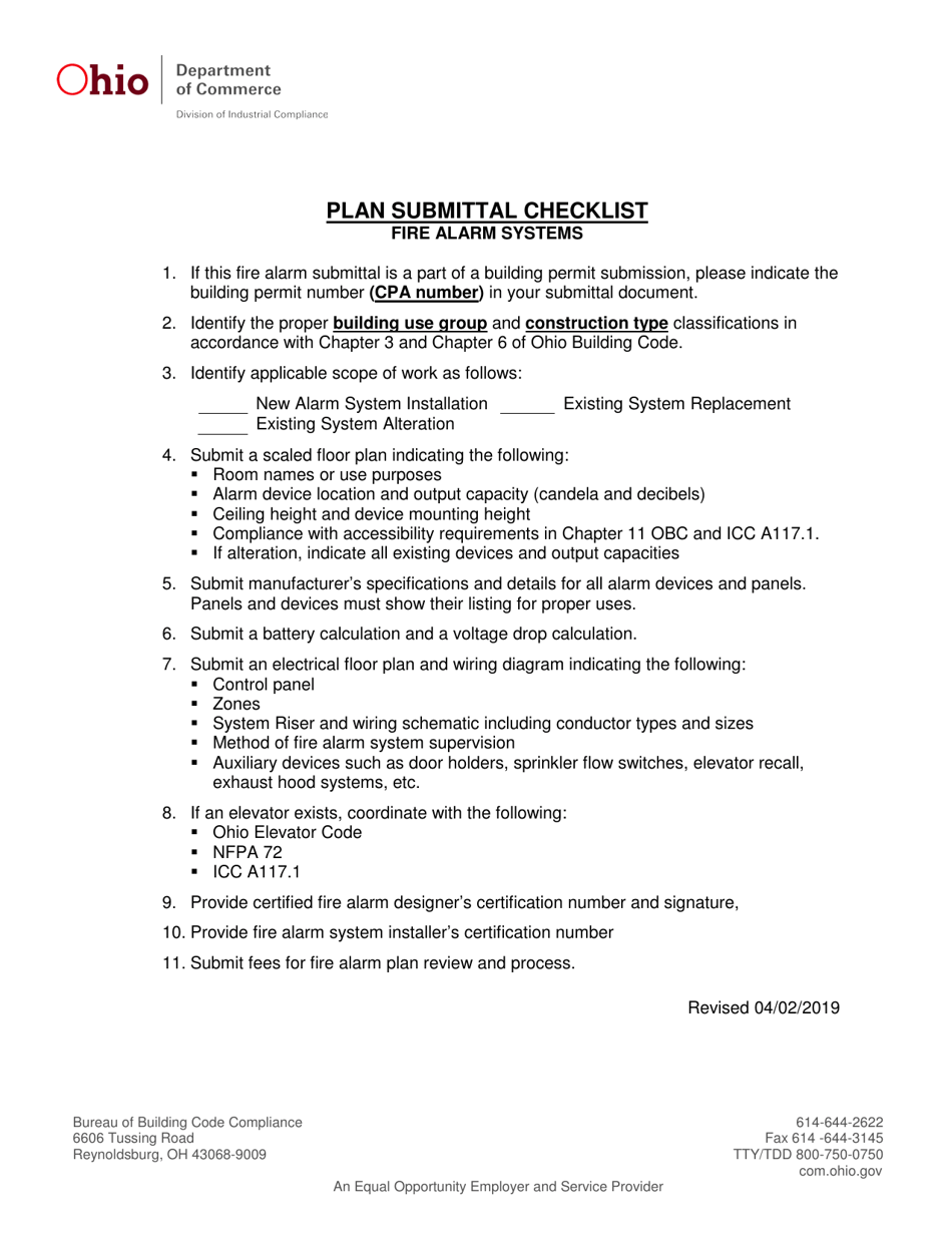 Plan Submittal Checklist Fire Alarm Systems - Ohio, Page 1