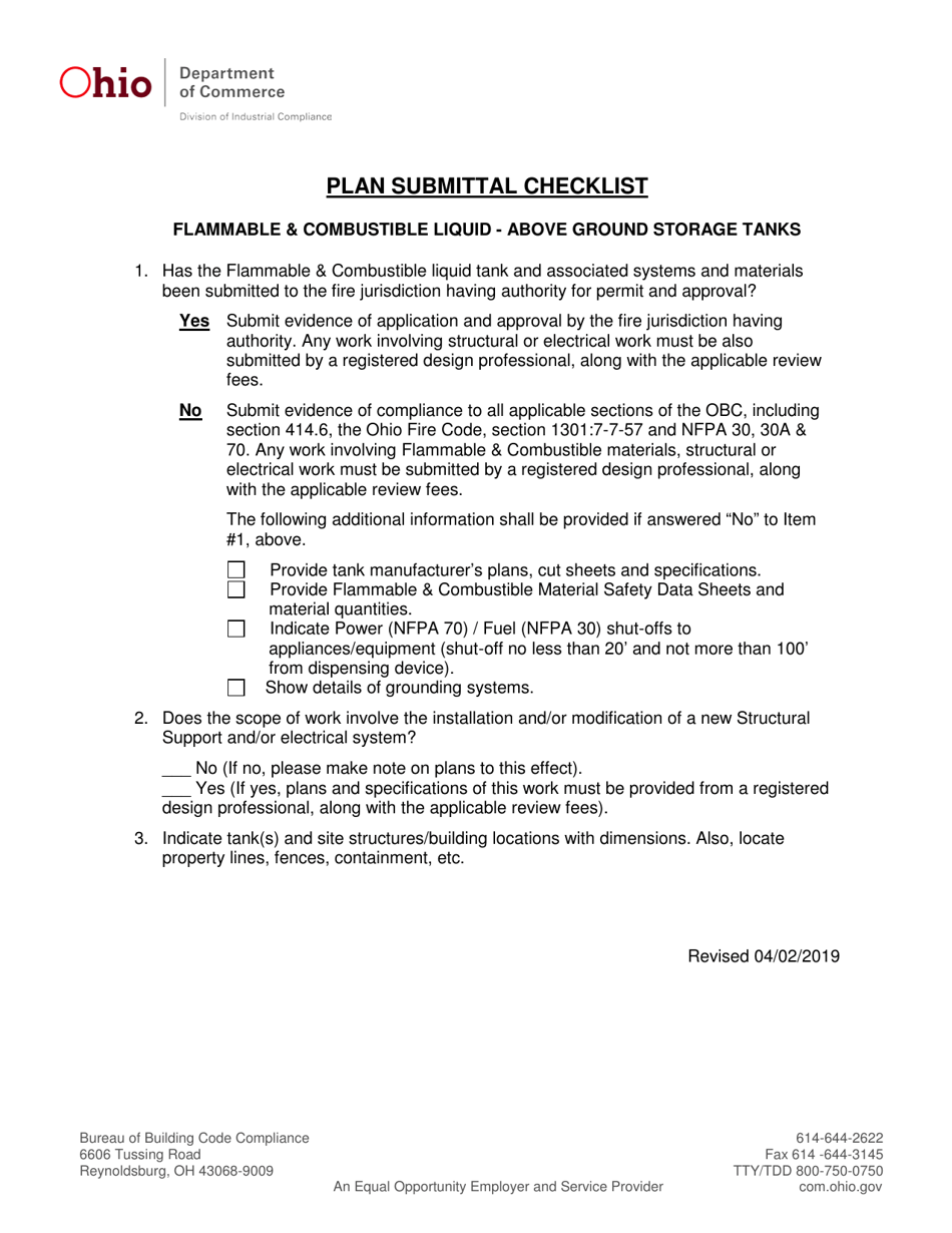Plan Submittal Checklist Flammable  Combustible Liquid - Above Ground Storage Tanks - Ohio, Page 1
