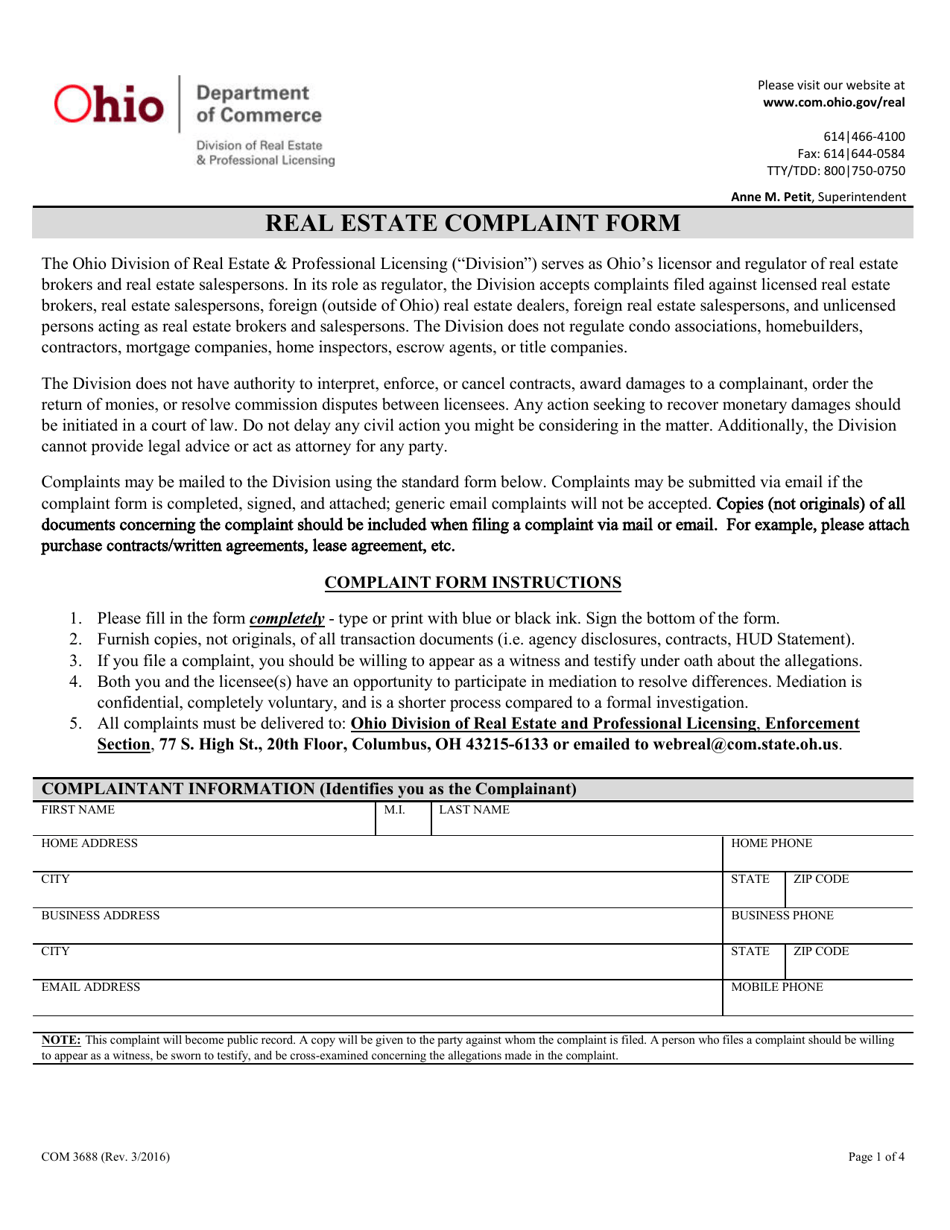 Form COM3688 Real Estate Complaint Form - Ohio, Page 1