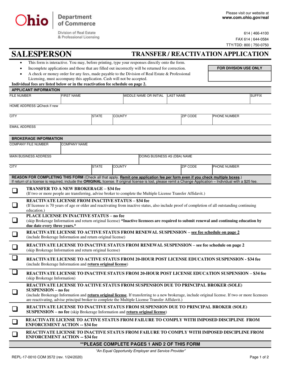 Form COM3572 (REPL-17-0010) Transfer / Reactivation Form for Salesperson - Ohio, Page 1