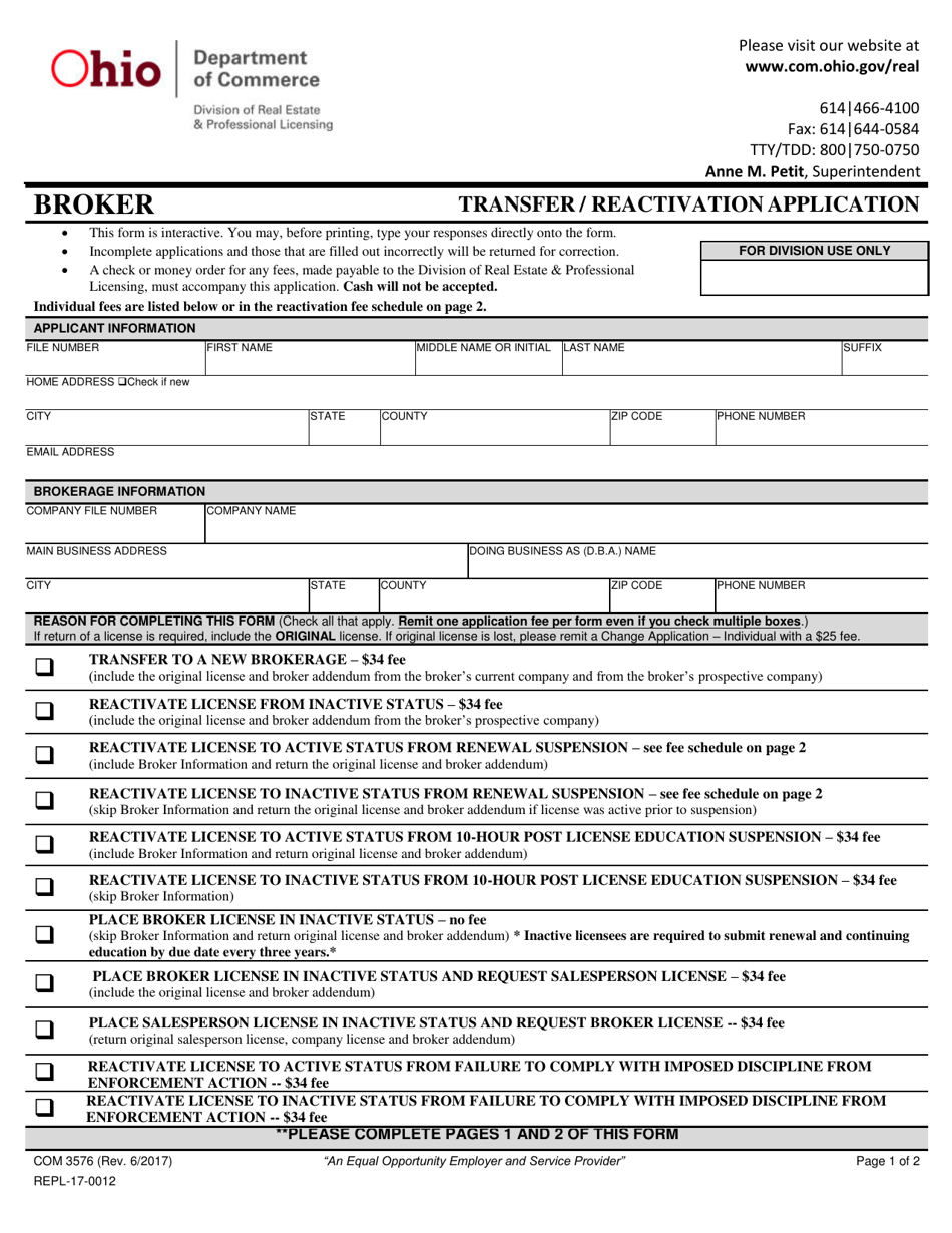 Form COM3576 (REPL-17-0012) Transfer / Reactivation Form for Brokers - Ohio, Page 1