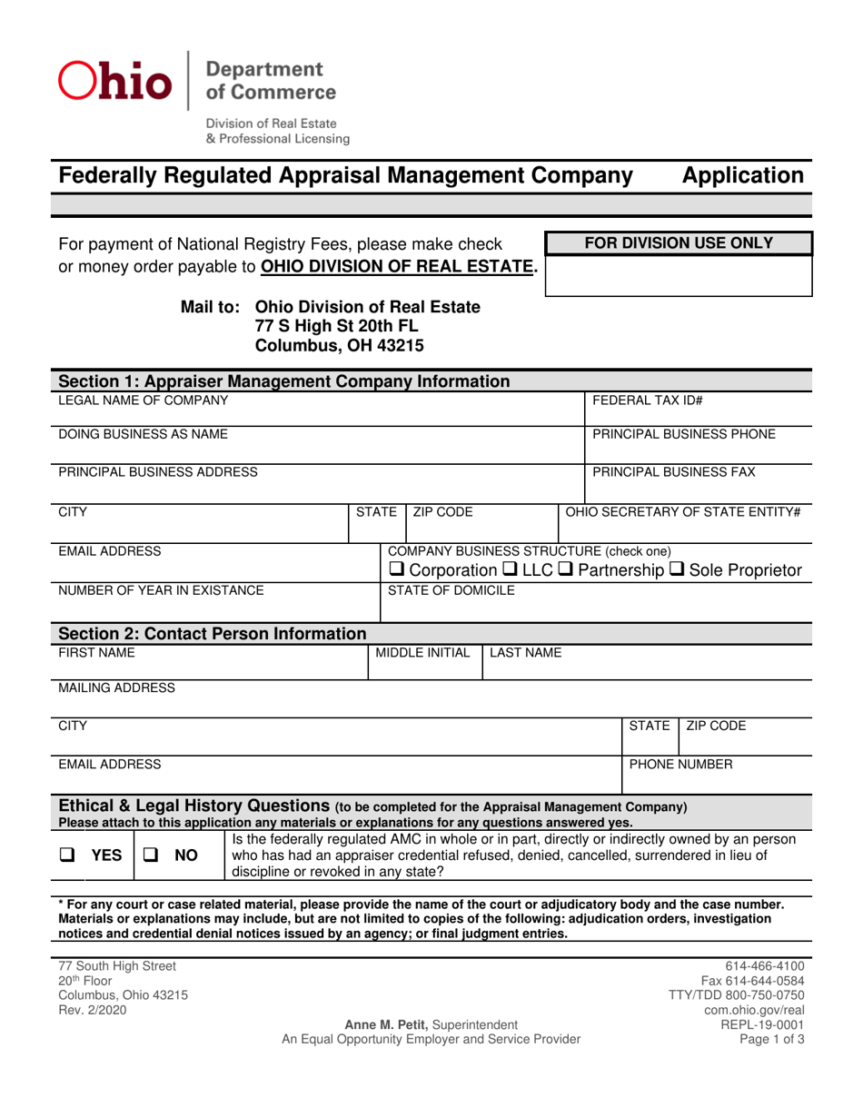Form REPL-19-0001 Federally Regulated Appraisal Management Company Application - Ohio, Page 1
