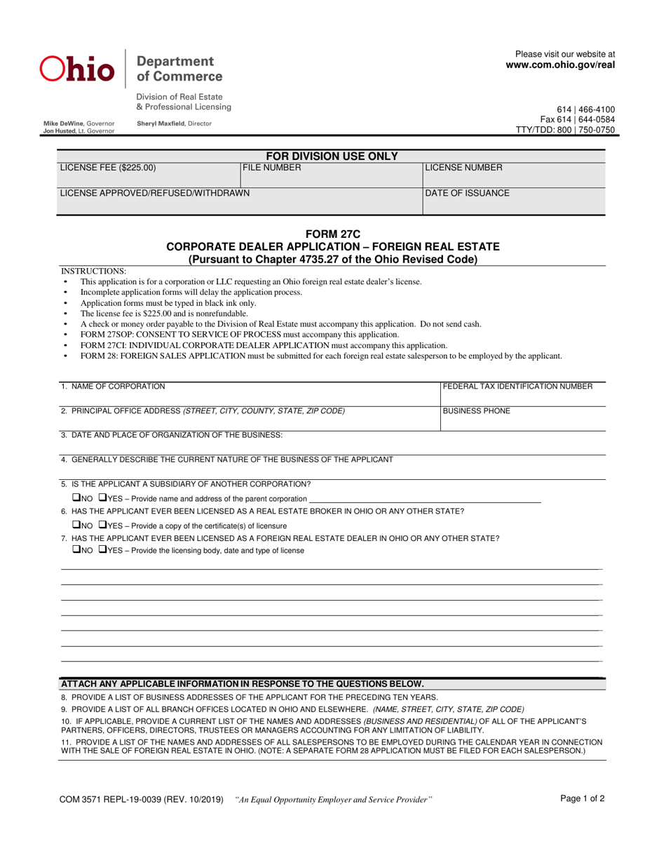 Form 27C (COM3571; REPL-19-0039) Foreign Corporate Dealer Application - Ohio, Page 1