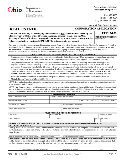 Form COM3573 (REPL-17-0011) Corporation Application - Ohio